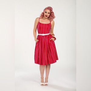 EUC Pinup Couture Pinstripe Hearts Novelty Print Jenny Dress MEDIUM